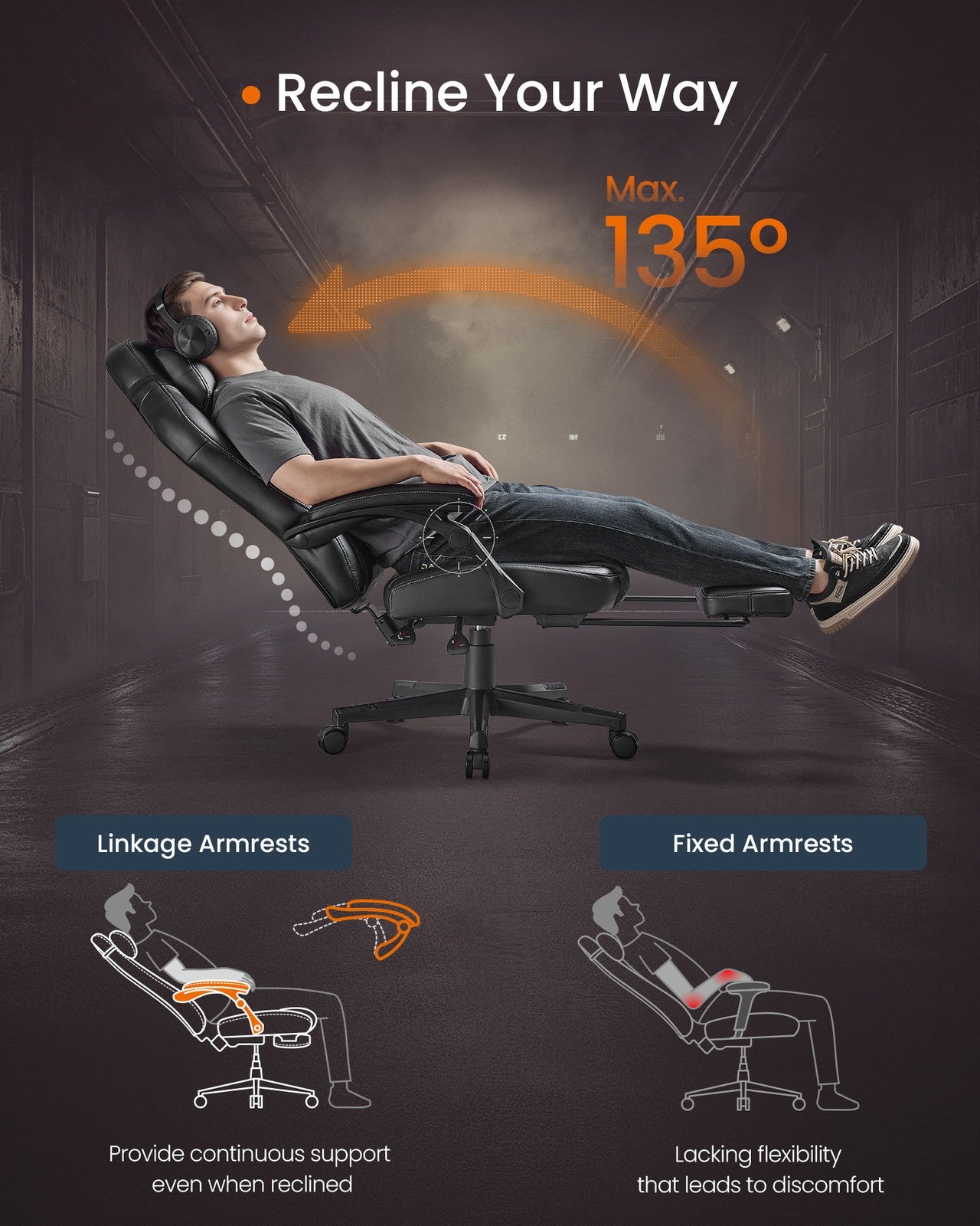 Gaming Chair - Steel and Synthetic Leather - Ink Black - with Footrest