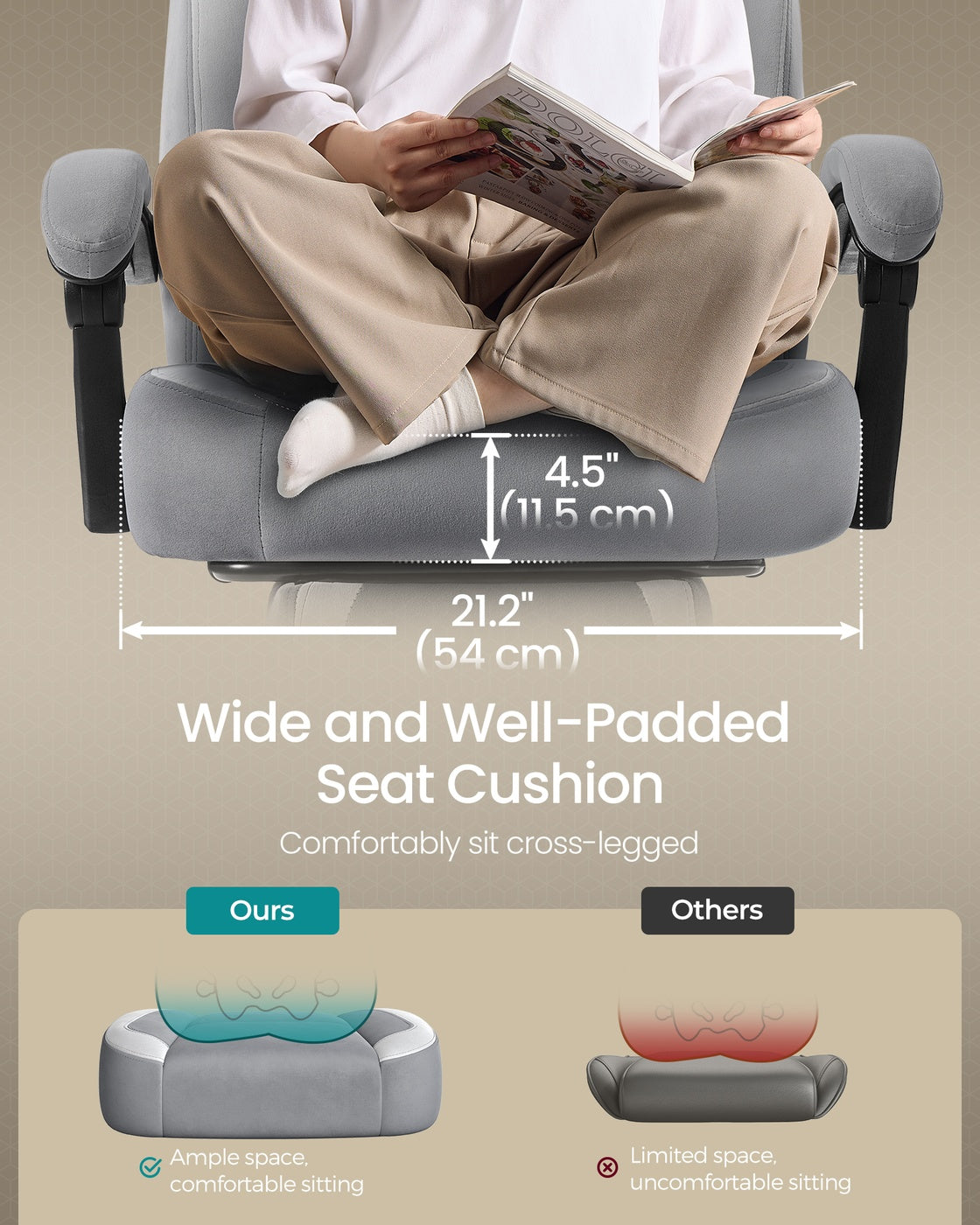 Ergonomic Design - Velvet and Foam - Slate Grey - with Footrest