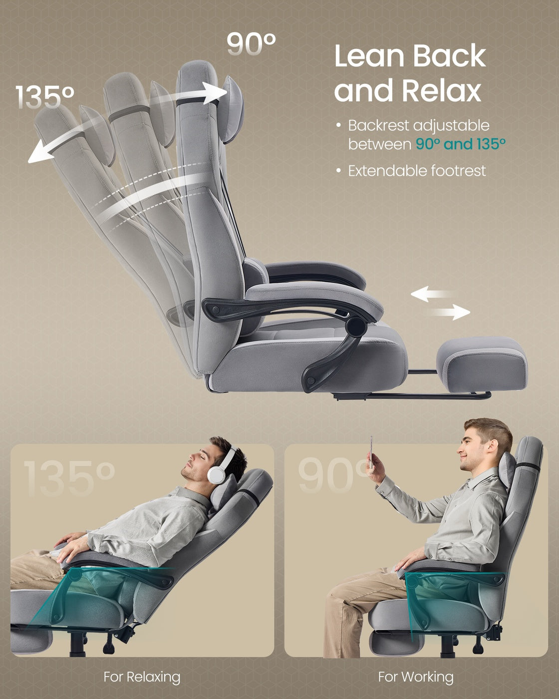 Ergonomic Design - Velvet and Foam - Slate Grey - with Footrest