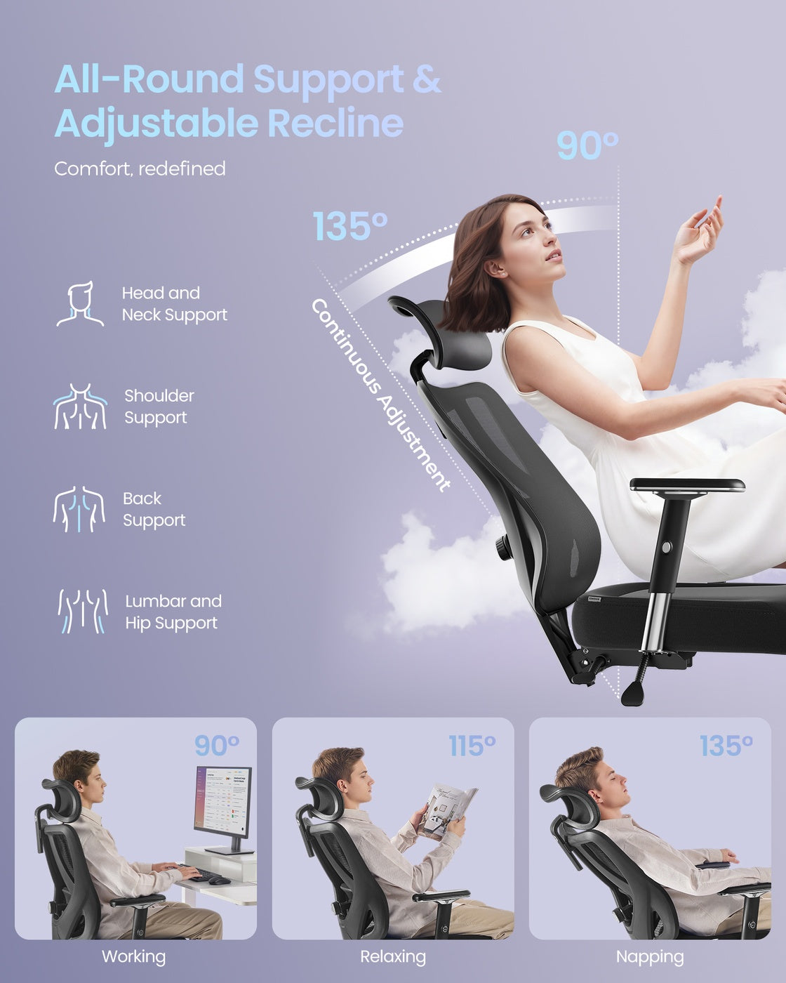 Ergonomic Office Chair Height Adjustable Desk Chair Loads - Steel and Fabric - Ink Black