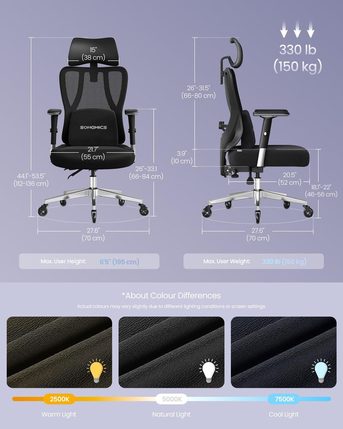 Ergonomic Office Chair Height Adjustable Desk Chair Loads - Steel and Fabric - Ink Black