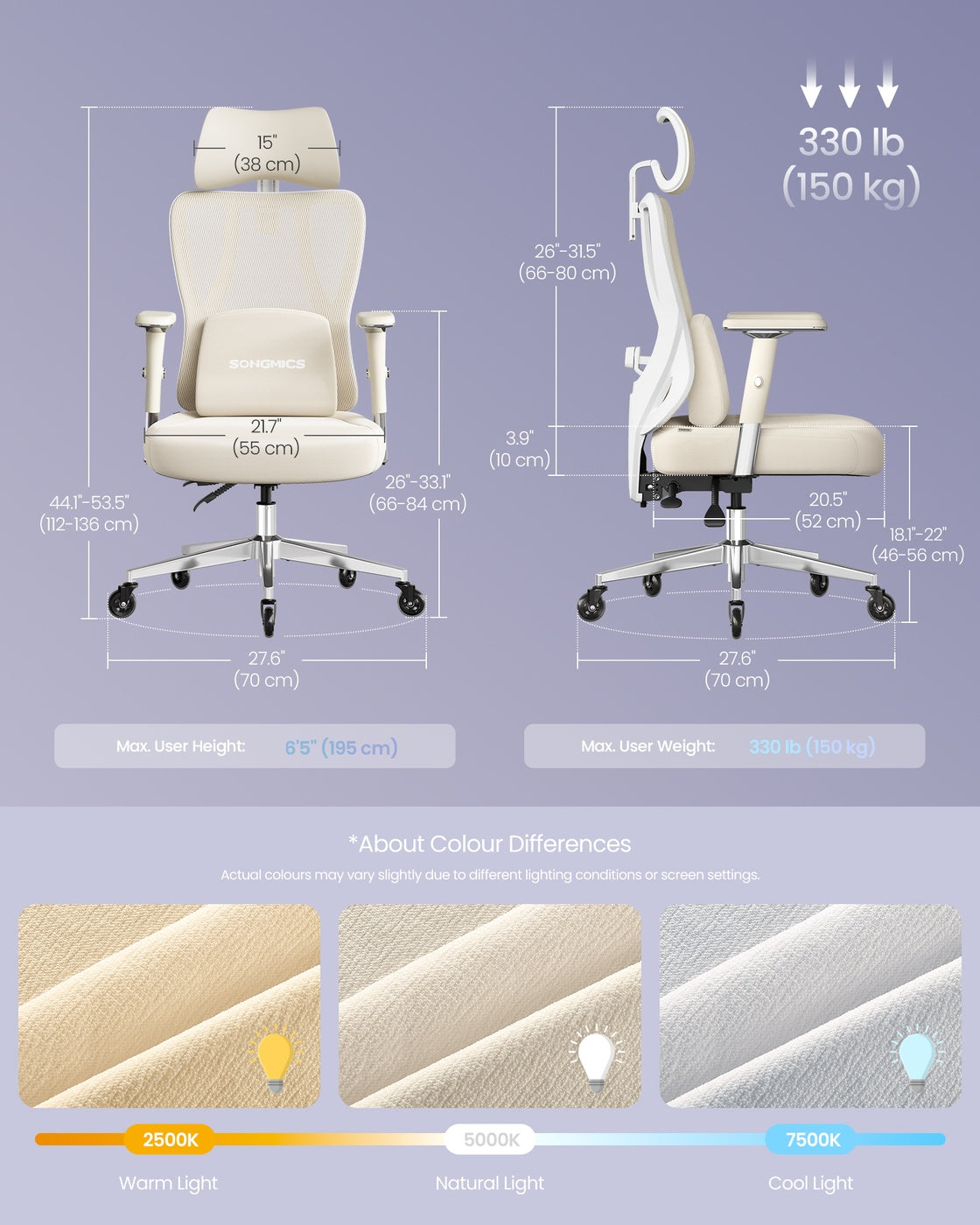Ergonomic Office Chair Height Adjustable Desk Chair Loads - Steel and Fabric - Camel Brown and Cloud White