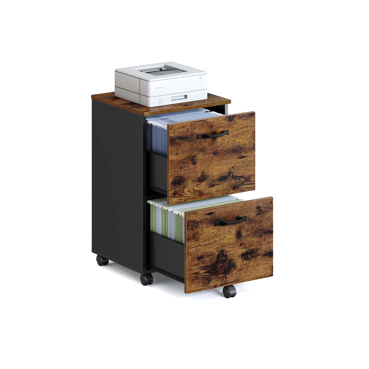 Filing Cabinet - 2-Drawer with Wheels - Wood - Rustic Brown and Black