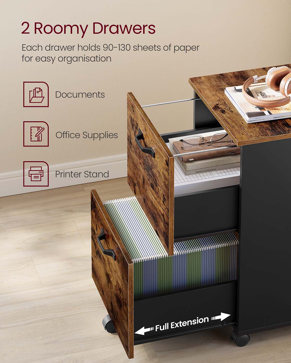 Filing Cabinet - 2-Drawer with Wheels - Wood - Rustic Brown and Black