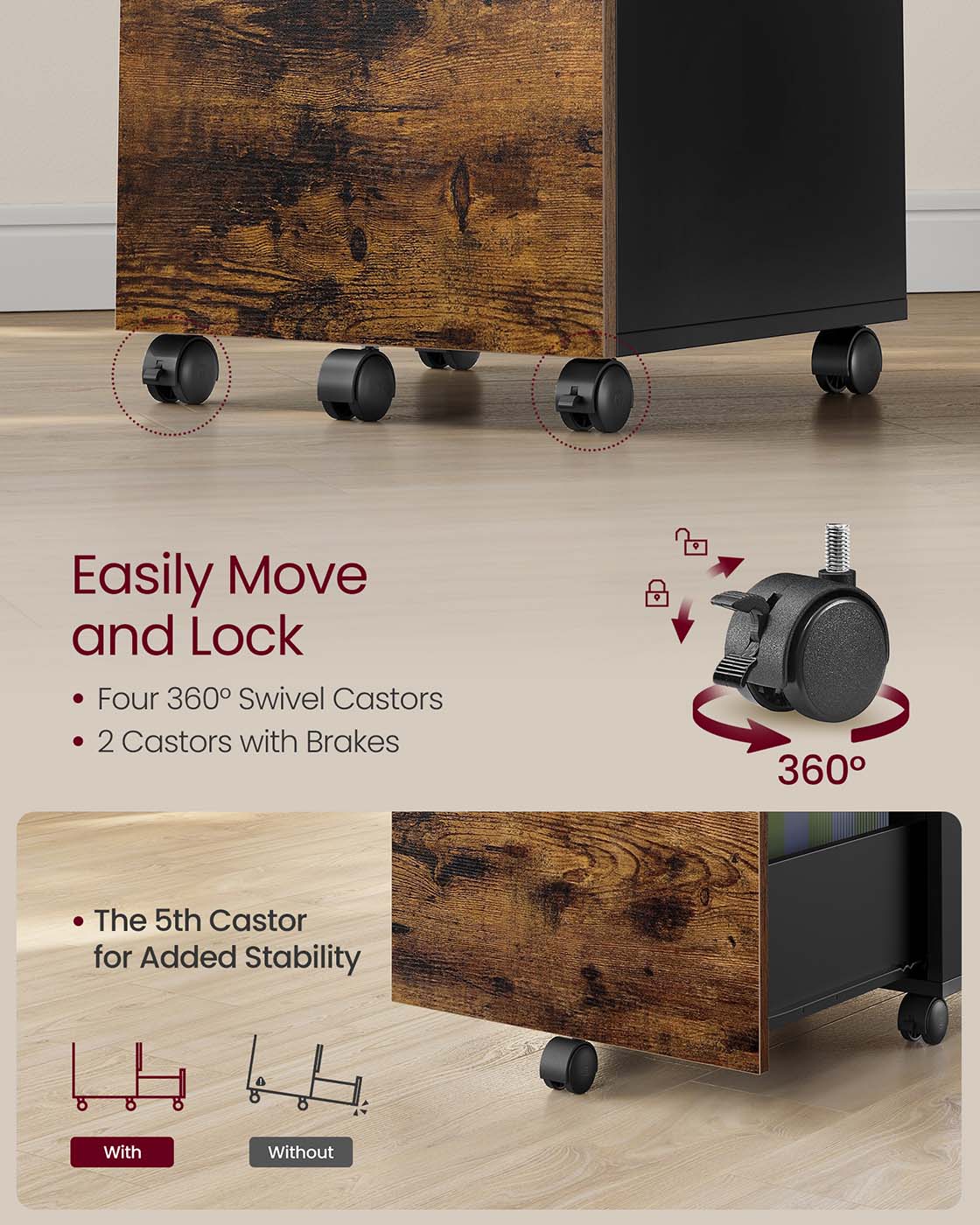 Filing Cabinet - 2-Drawer with Wheels - Wood - Rustic Brown and Black