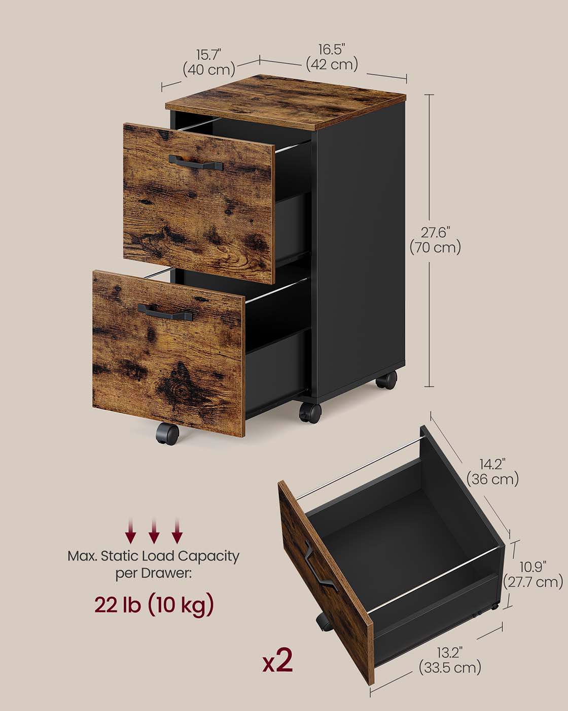Filing Cabinet - 2-Drawer with Wheels - Wood - Rustic Brown and Black