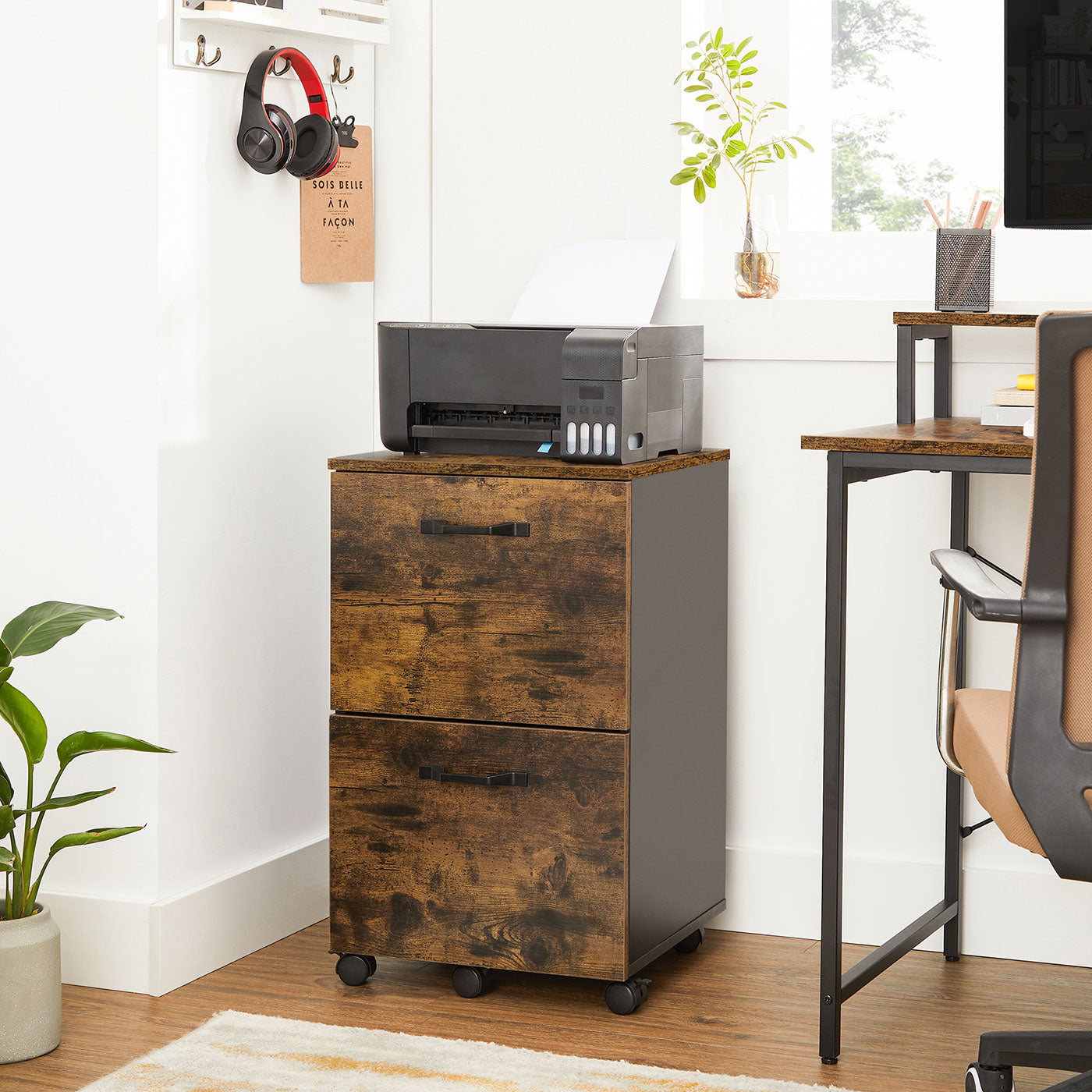 Filing Cabinet - 2-Drawer with Wheels - Wood - Rustic Brown and Black