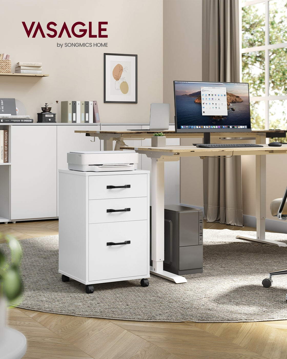 Mobile File Cabinet 3 Drawers Filing Cabinet - Wood and Steel - Cloud White