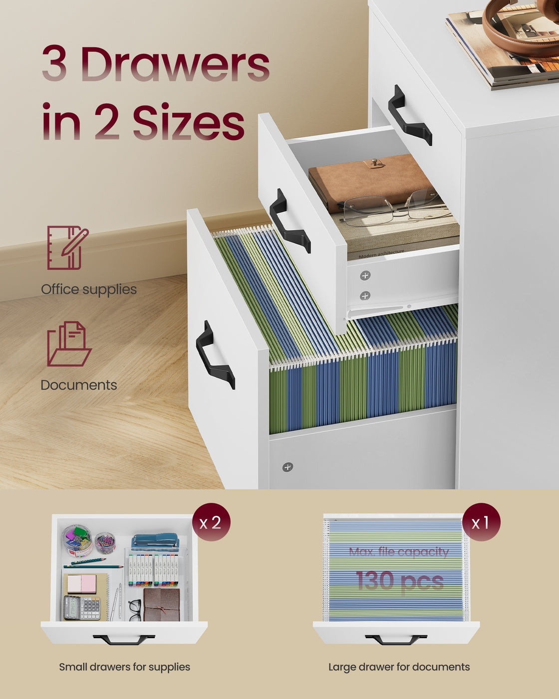 Mobile File Cabinet 3 Drawers Filing Cabinet - Wood and Steel - Cloud White
