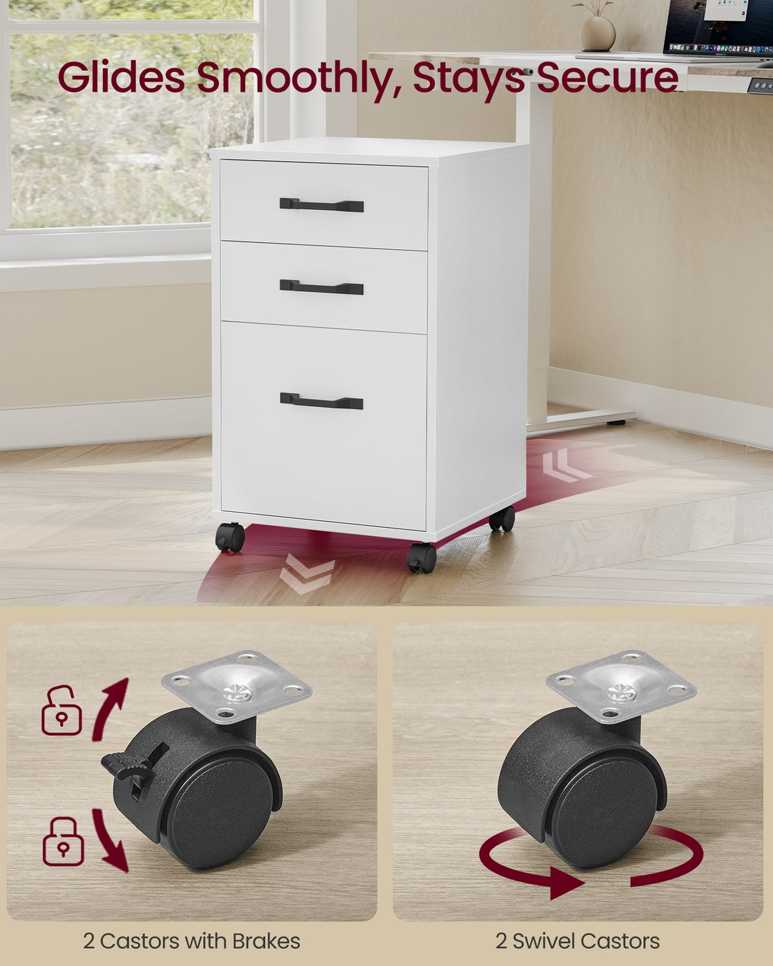 Mobile File Cabinet 3 Drawers Filing Cabinet - Wood and Steel - Cloud White