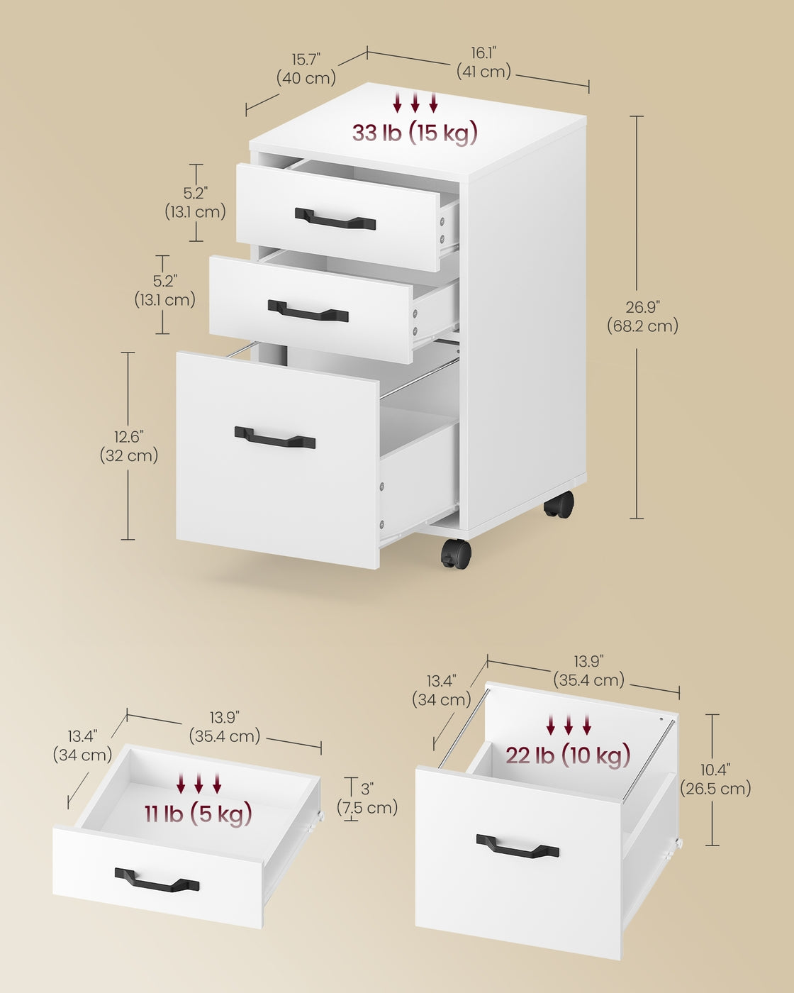 Mobile File Cabinet 3 Drawers Filing Cabinet - Wood and Steel - Cloud White