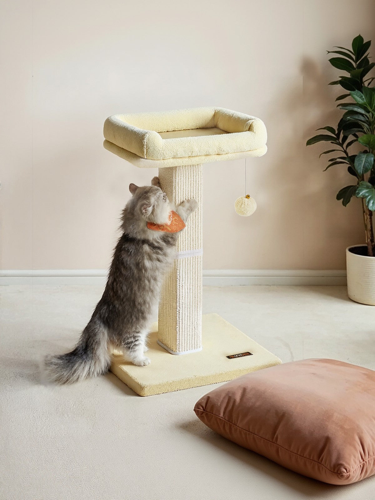 Cat Scratching Post - Wood - Beige - Climbing Tower with Perch