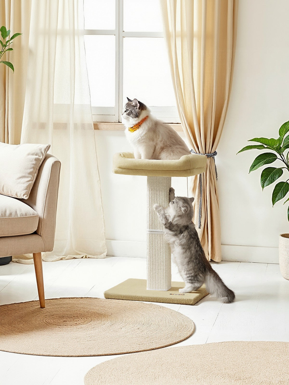 Cat Scratching Post - Wood - Beige - Climbing Tower with Perch