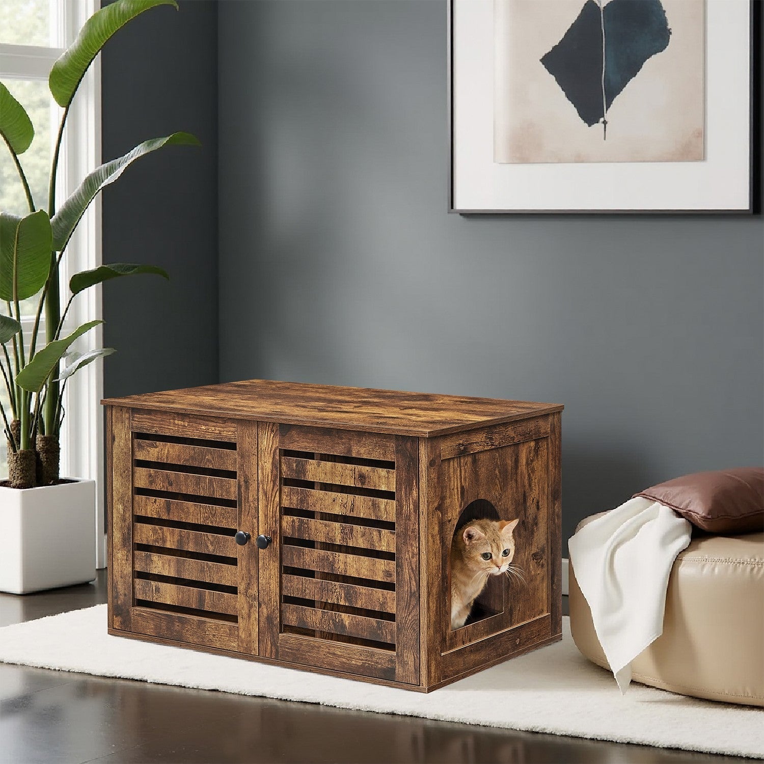 Cat Litter Box Cabinet - Rustic Brown - Hidden Design with Removable Divider and Shutter Doors