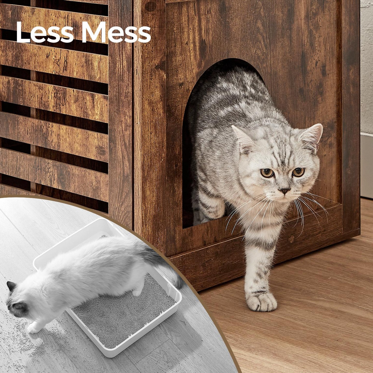 Cat Litter Box Cabinet - Rustic Brown - Hidden Design with Removable Divider and Shutter Doors