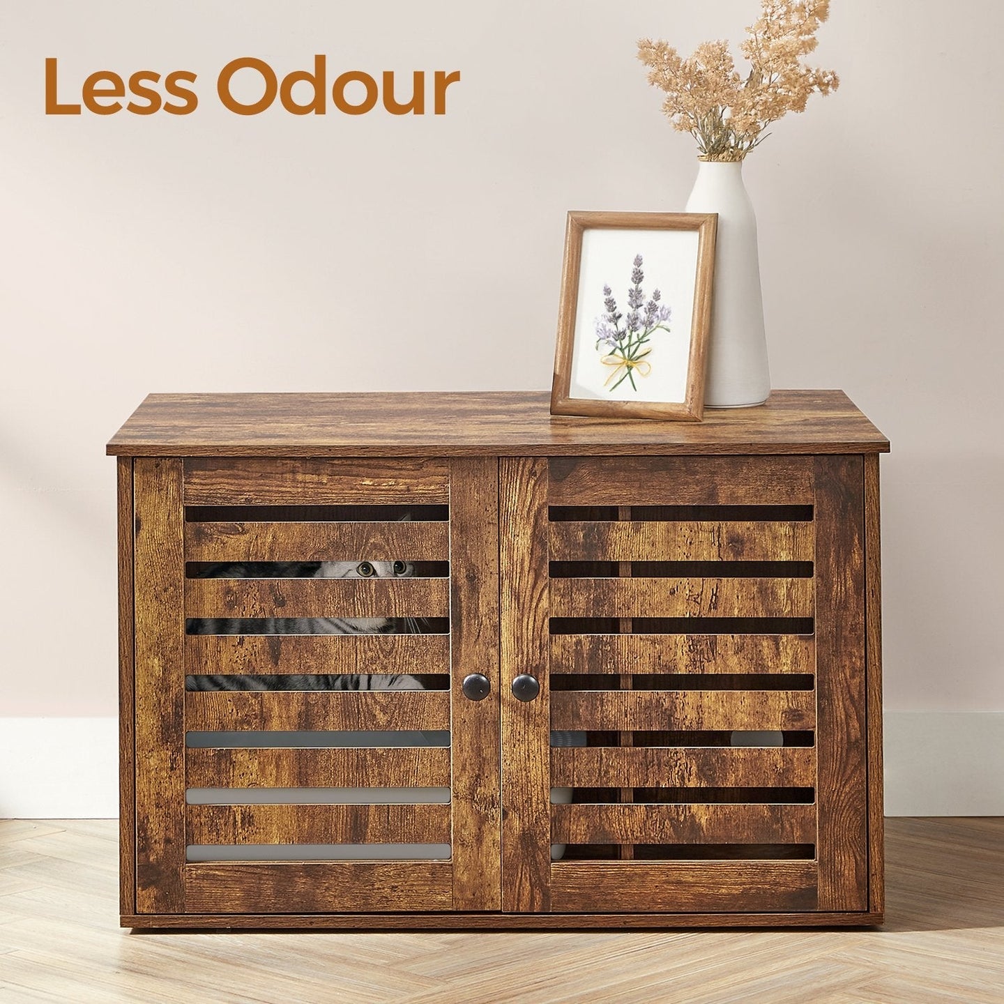 Cat Litter Box Cabinet - Rustic Brown - Hidden Design with Removable Divider and Shutter Doors