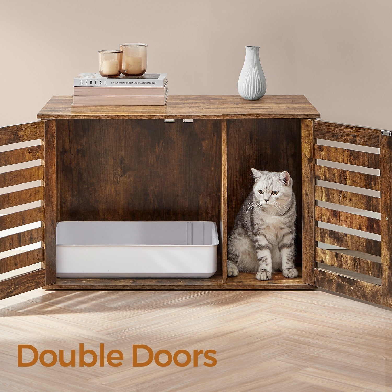 Cat Litter Box Cabinet - Rustic Brown - Hidden Design with Removable Divider and Shutter Doors