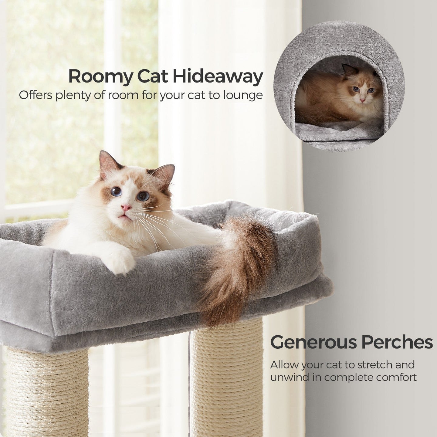Heavy-Duty Cat Condo - Wood - Dove Grey and Black - 9 Scratching Posts and Self-Warming Pads