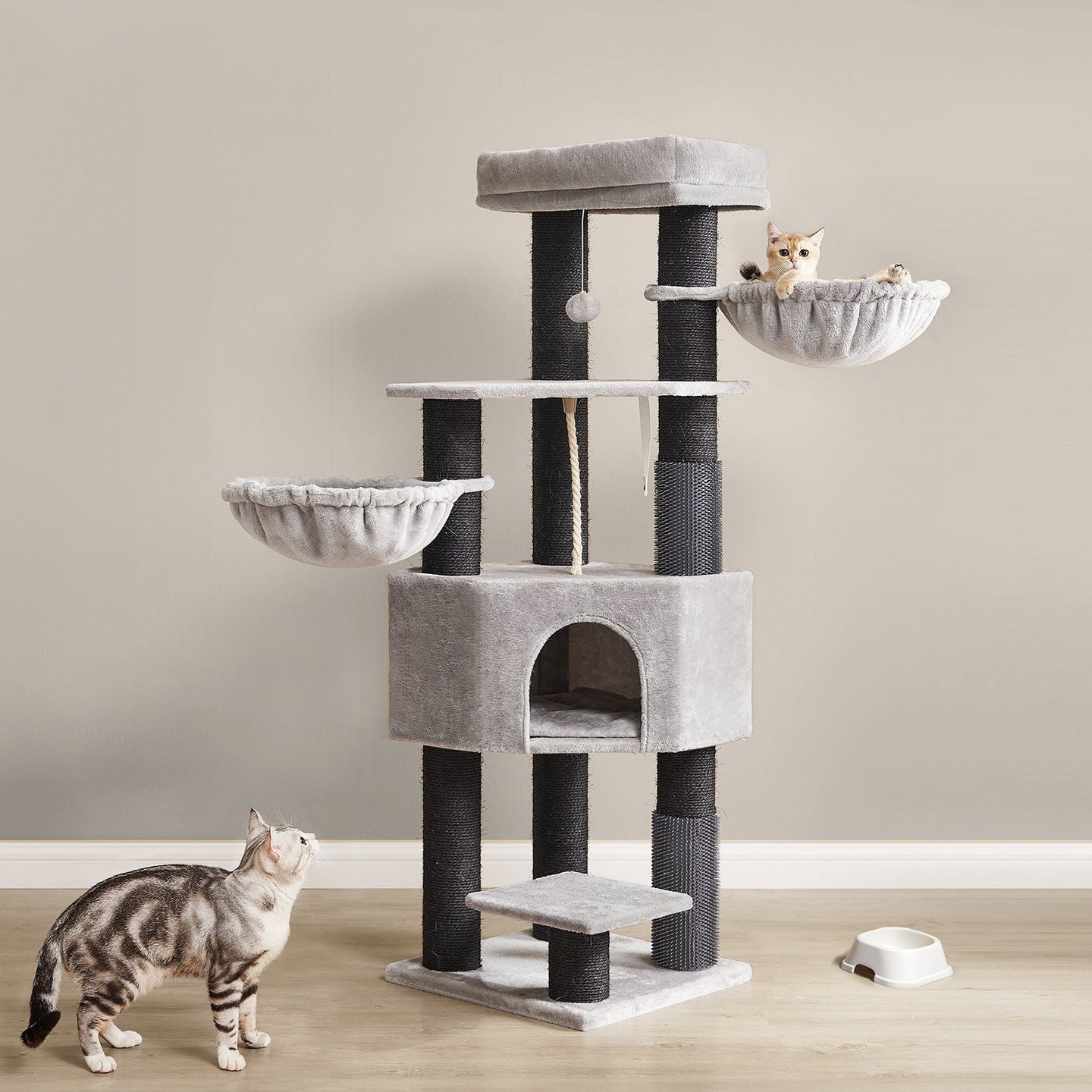 Large Cat Condo - Dove Grey and Black - 9 Scratching Posts with Self-Warming Pads and Self-Groomers