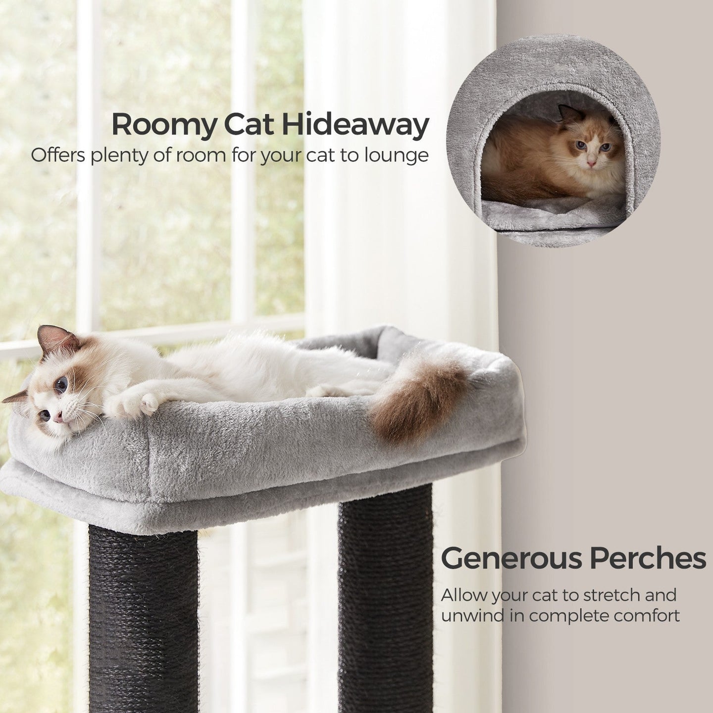 Large Cat Condo - Dove Grey and Black - 9 Scratching Posts with Self-Warming Pads and Self-Groomers