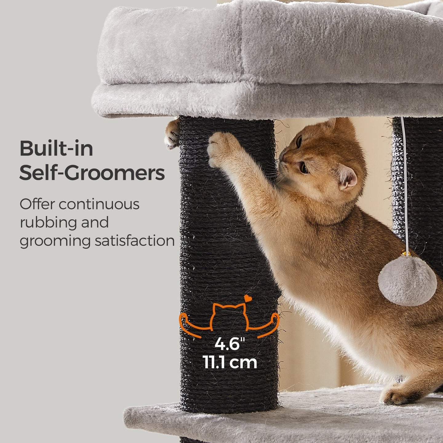 Large Cat Condo - Dove Grey and Black - 9 Scratching Posts with Self-Warming Pads and Self-Groomers