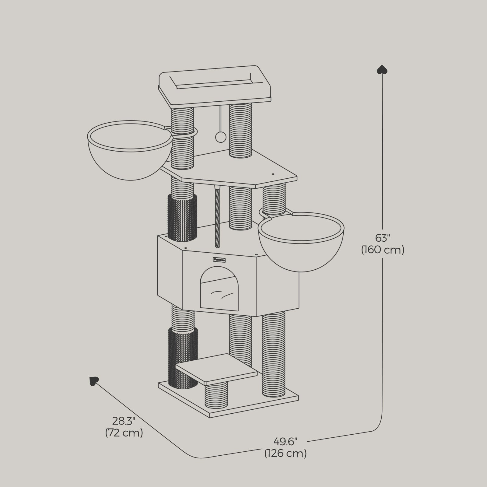 Large Cat Condo - Dove Grey and Black - 9 Scratching Posts with Self-Warming Pads and Self-Groomers