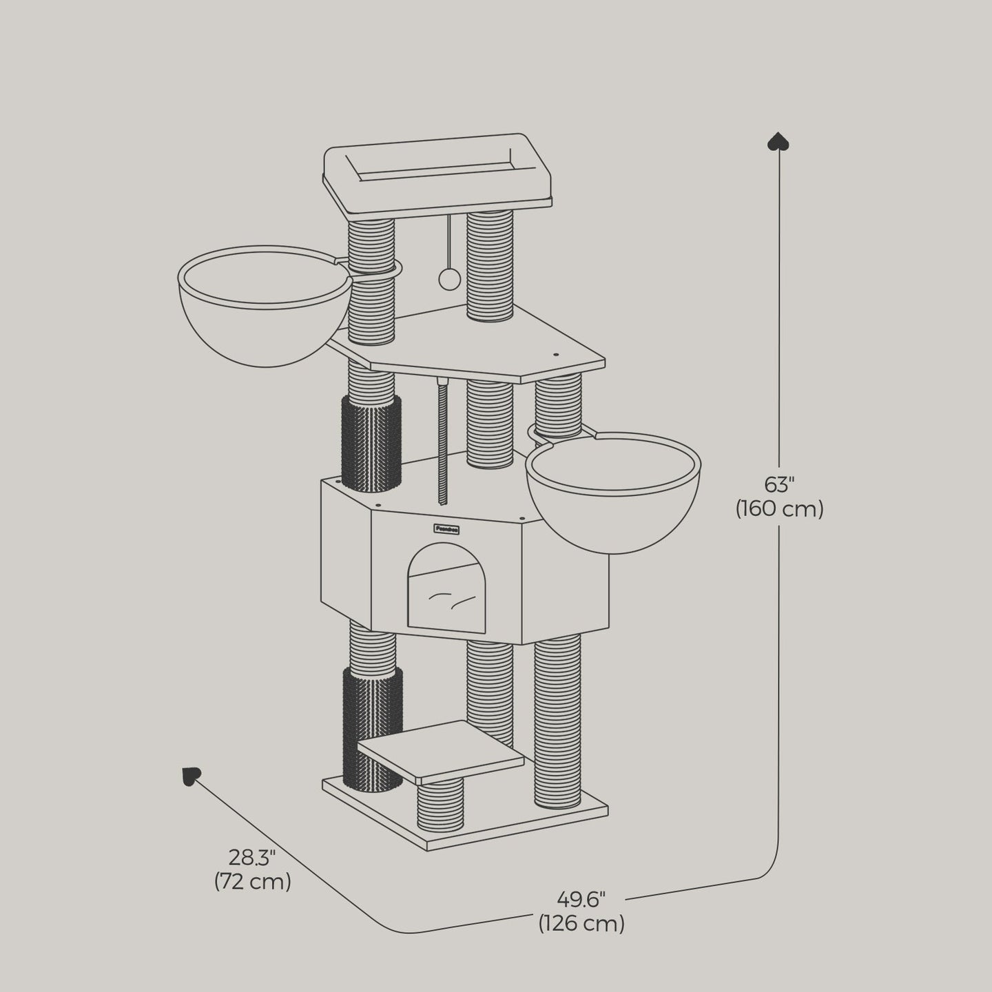 Large Cat Condo - Dove Grey and Black - 9 Scratching Posts with Self-Warming Pads and Self-Groomers