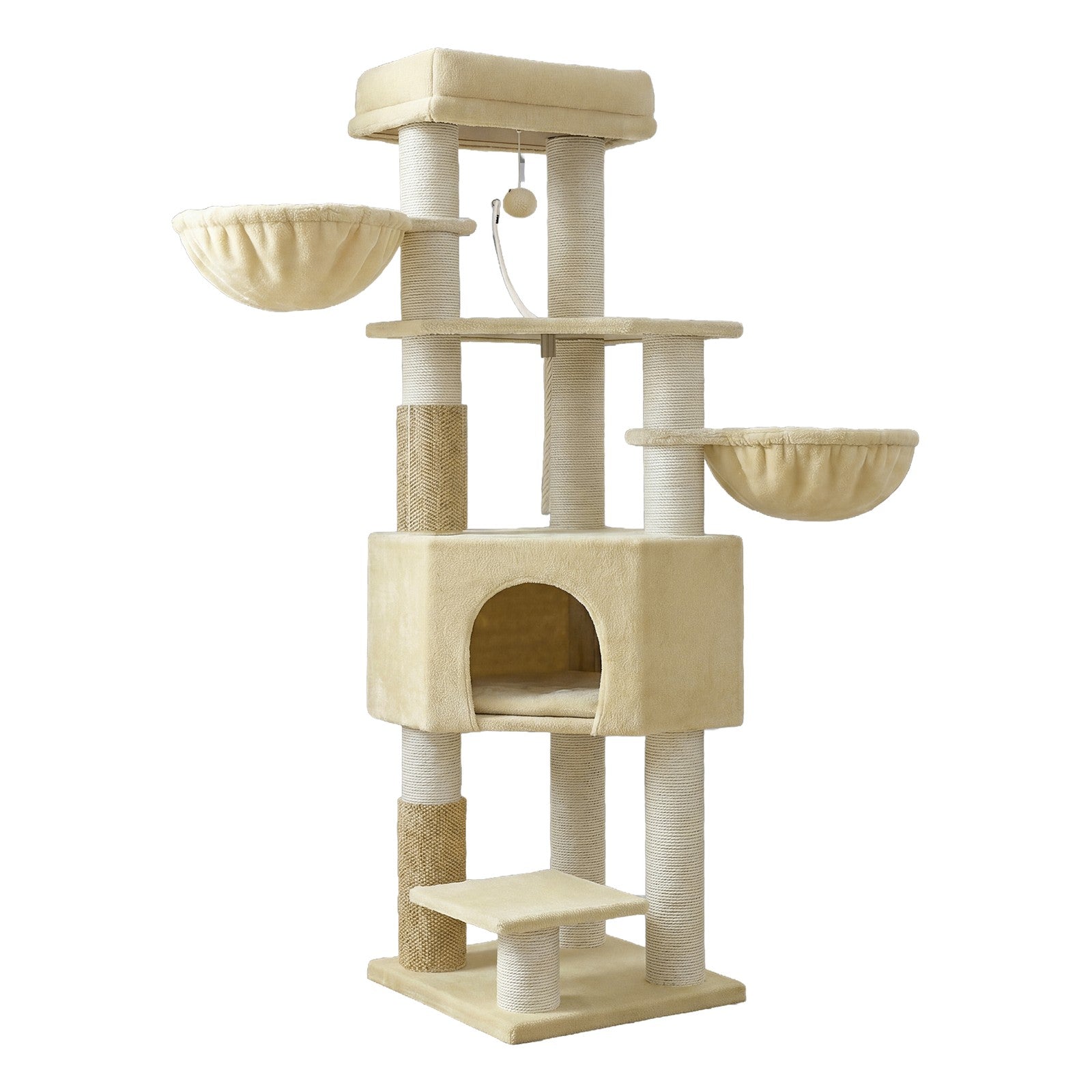 Heavy-Duty Multi-Level Cat Tree Tower - Wood and Plush - Beige