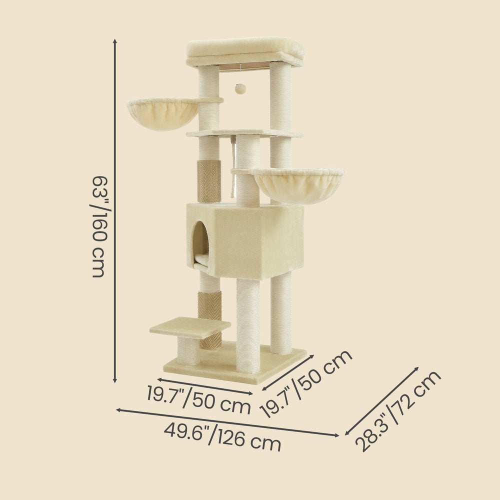 Heavy-Duty Multi-Level Cat Tree Tower - Wood and Plush - Beige