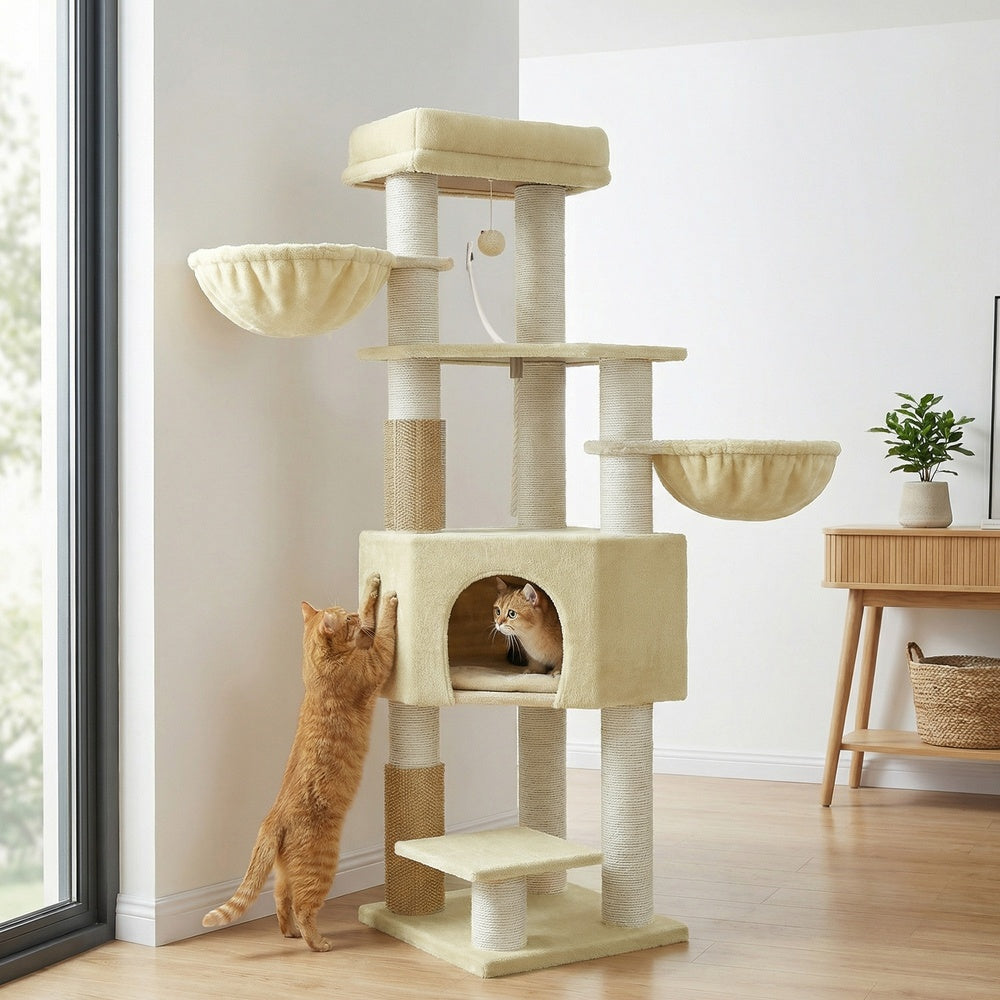 Heavy-Duty Multi-Level Cat Tree Tower - Wood and Plush - Beige