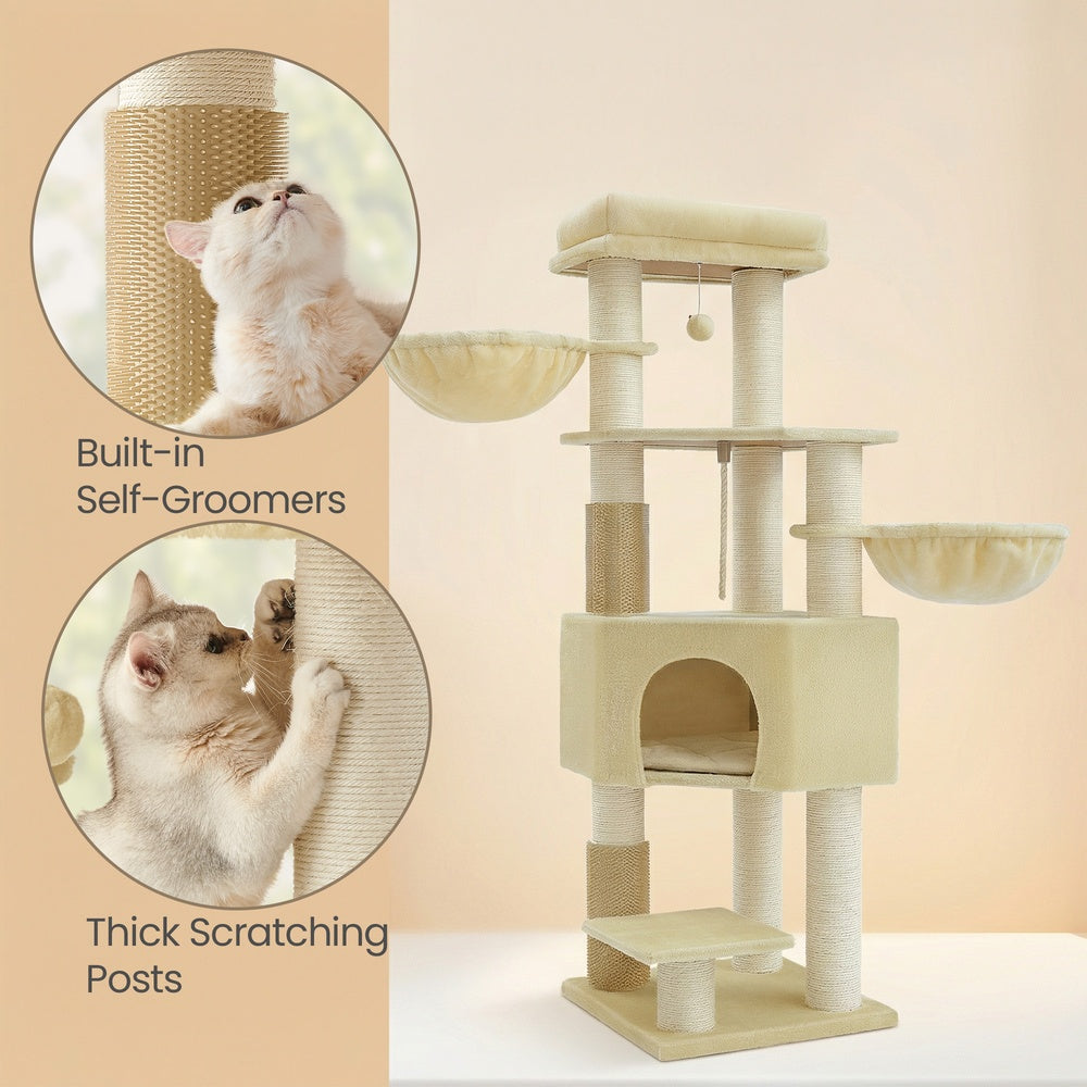 Heavy-Duty Multi-Level Cat Tree Tower - Wood and Plush - Beige