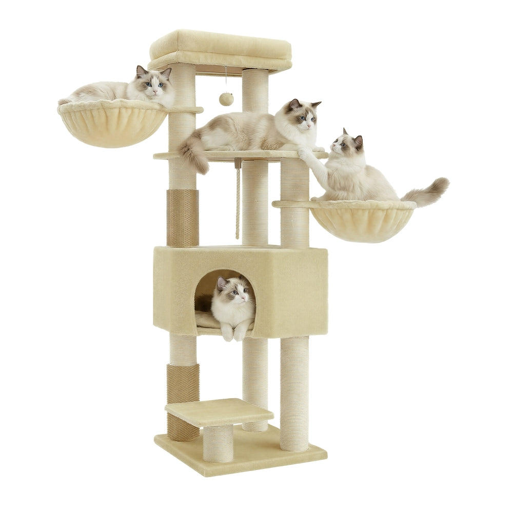 Heavy-Duty Multi-Level Cat Tree Tower - Wood and Plush - Beige