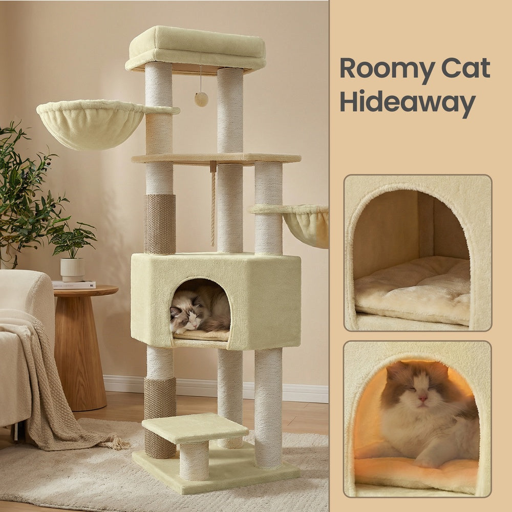 Heavy-Duty Multi-Level Cat Tree Tower - Wood and Plush - Beige