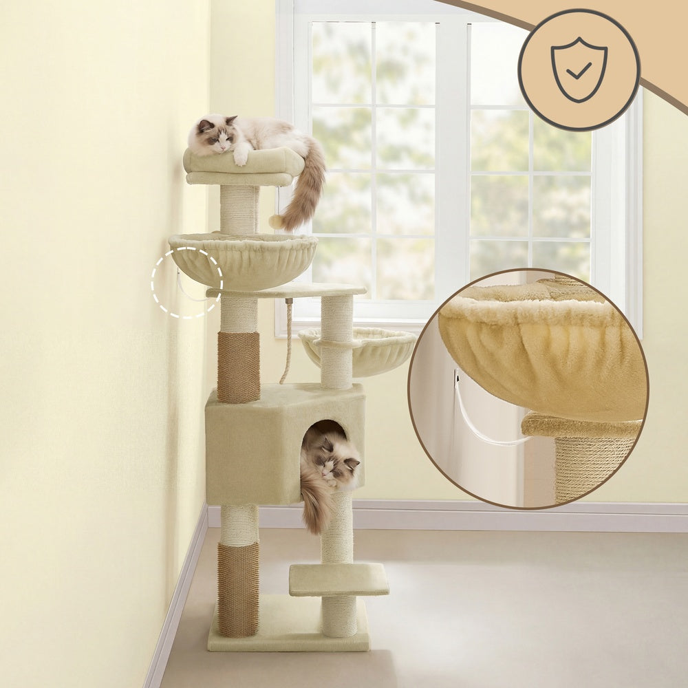 Heavy-Duty Multi-Level Cat Tree Tower - Wood and Plush - Beige