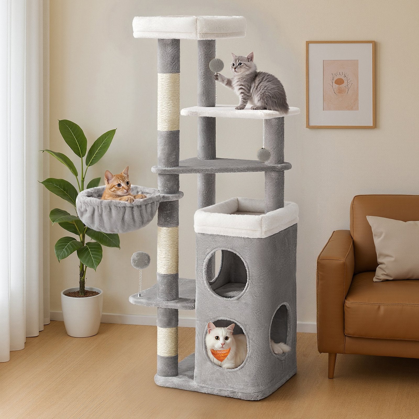 Tall Cat Tree - 59.1" - Plush - 2 Caves