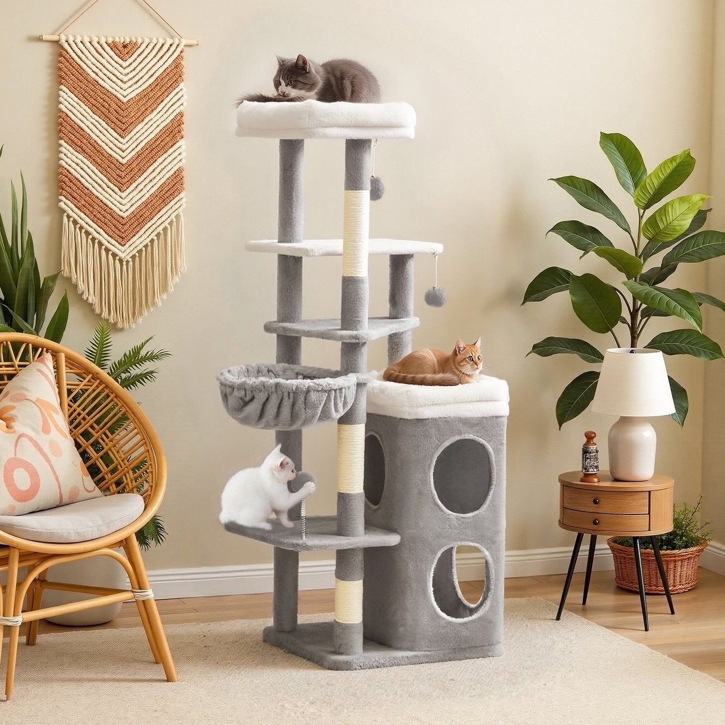 Tall Cat Tree - 59.1" - Plush - 2 Caves
