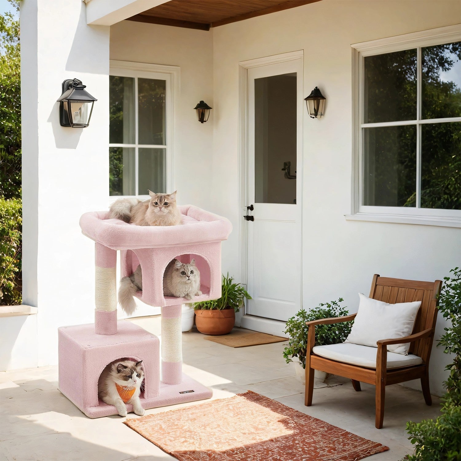 Cat Tree - Wood - Light Grey - Large Perch with Two Cat Caves and Scratching Post