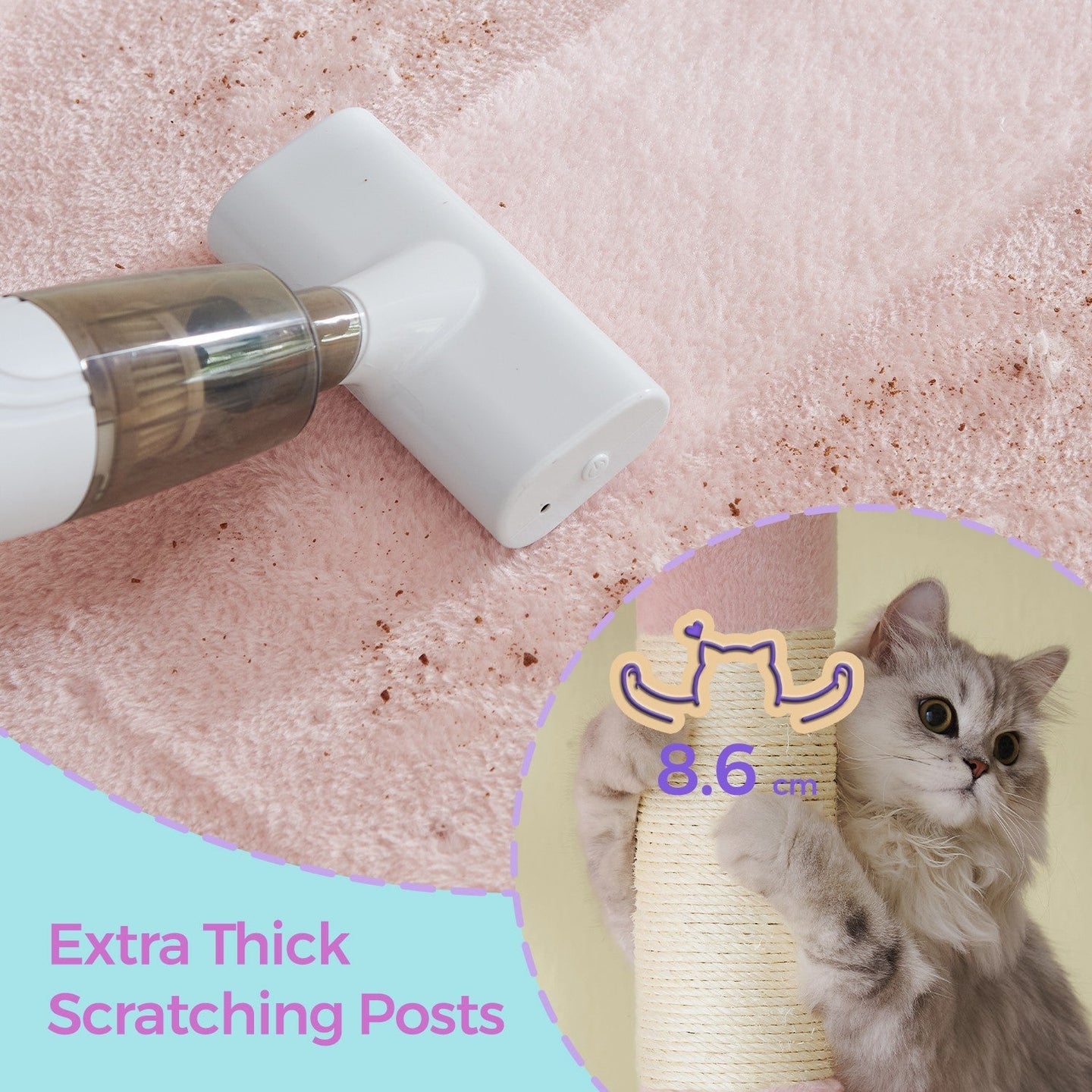 Cat Tree - Wood - Light Grey - Large Perch with Two Cat Caves and Scratching Post