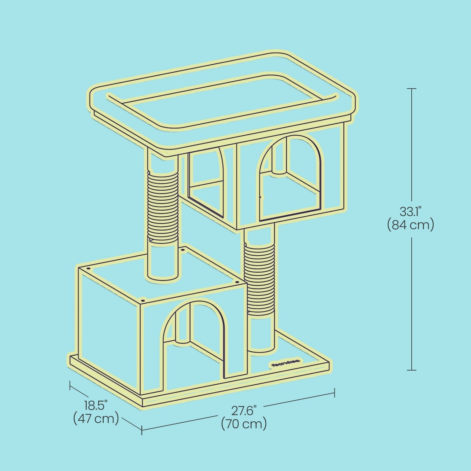 Cat Tree - Wood - Light Grey - Large Perch with Two Cat Caves and Scratching Post