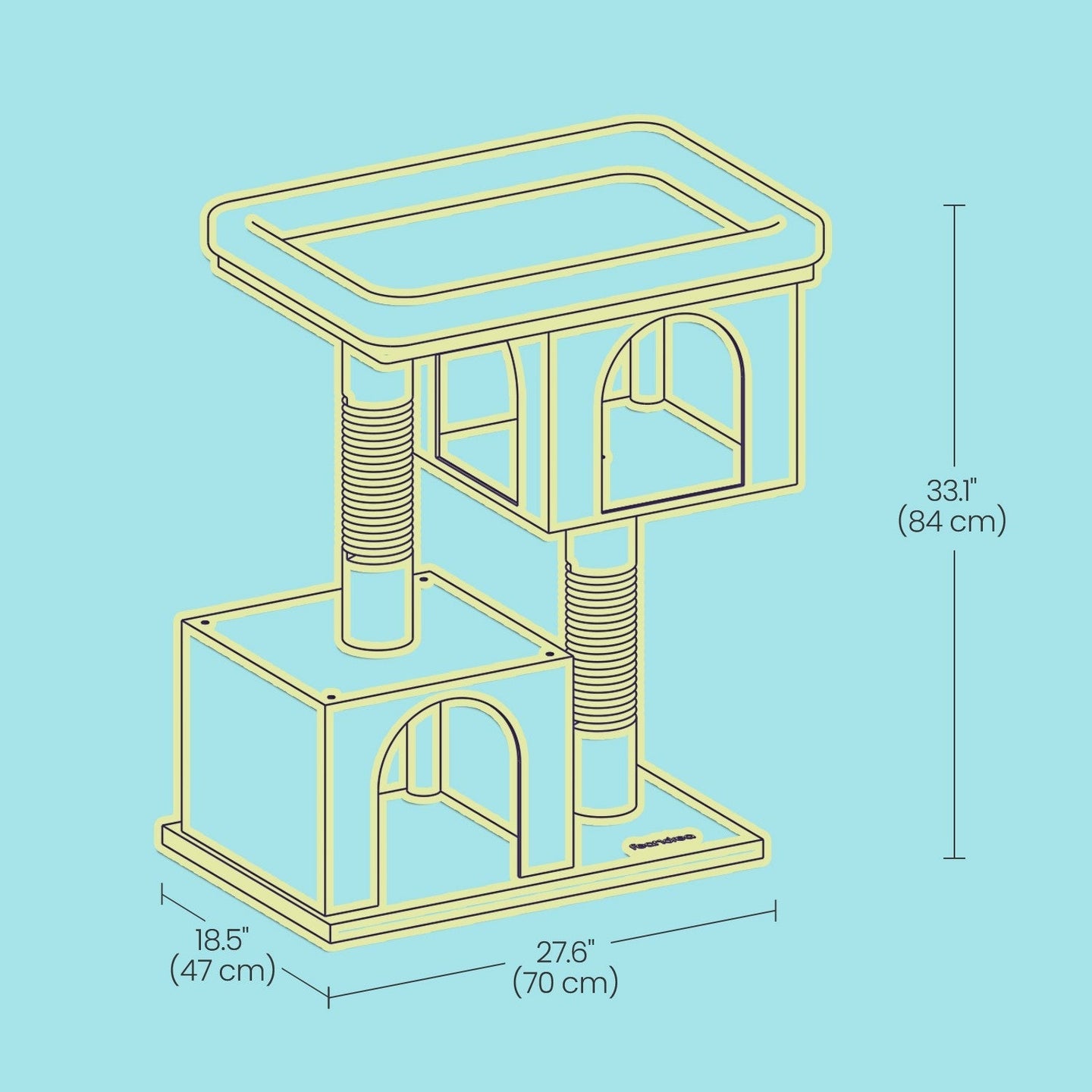 Cat Tree - Wood - Light Grey - Large Perch with Two Cat Caves and Scratching Post