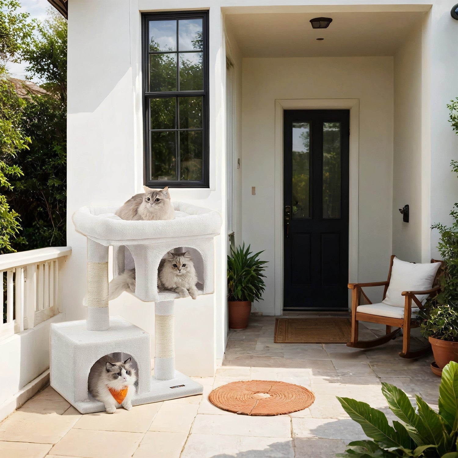 Cat Tree - Wood - Light Grey - Large Perch with Two Cat Caves and Scratching Post