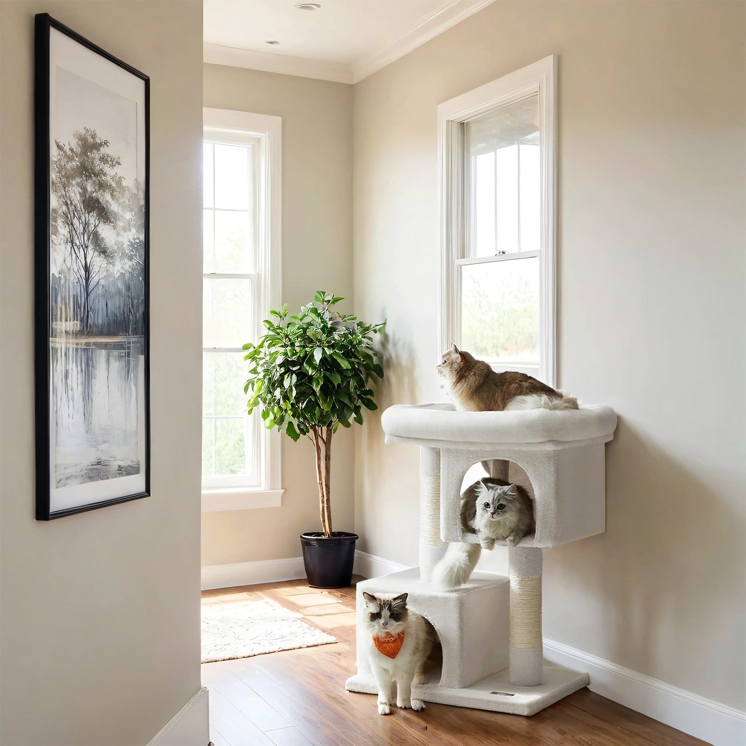 Cat Tree - Wood - Light Grey - Large Perch with Two Cat Caves and Scratching Post
