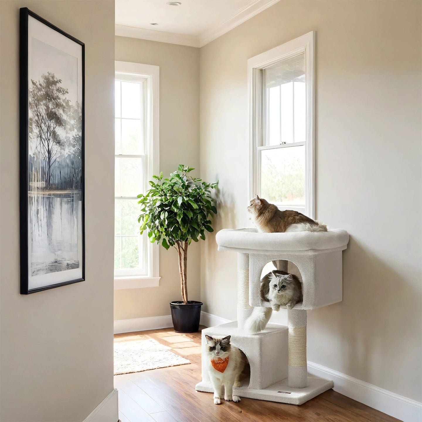 Cat Tree - Wood - Light Grey - Large Perch with Two Cat Caves and Scratching Post