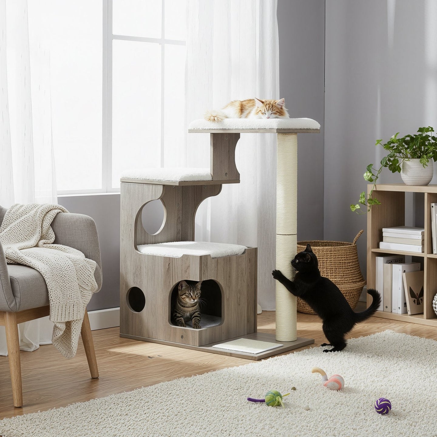 Cat Tree - MDF with Wood Veneer - Greige