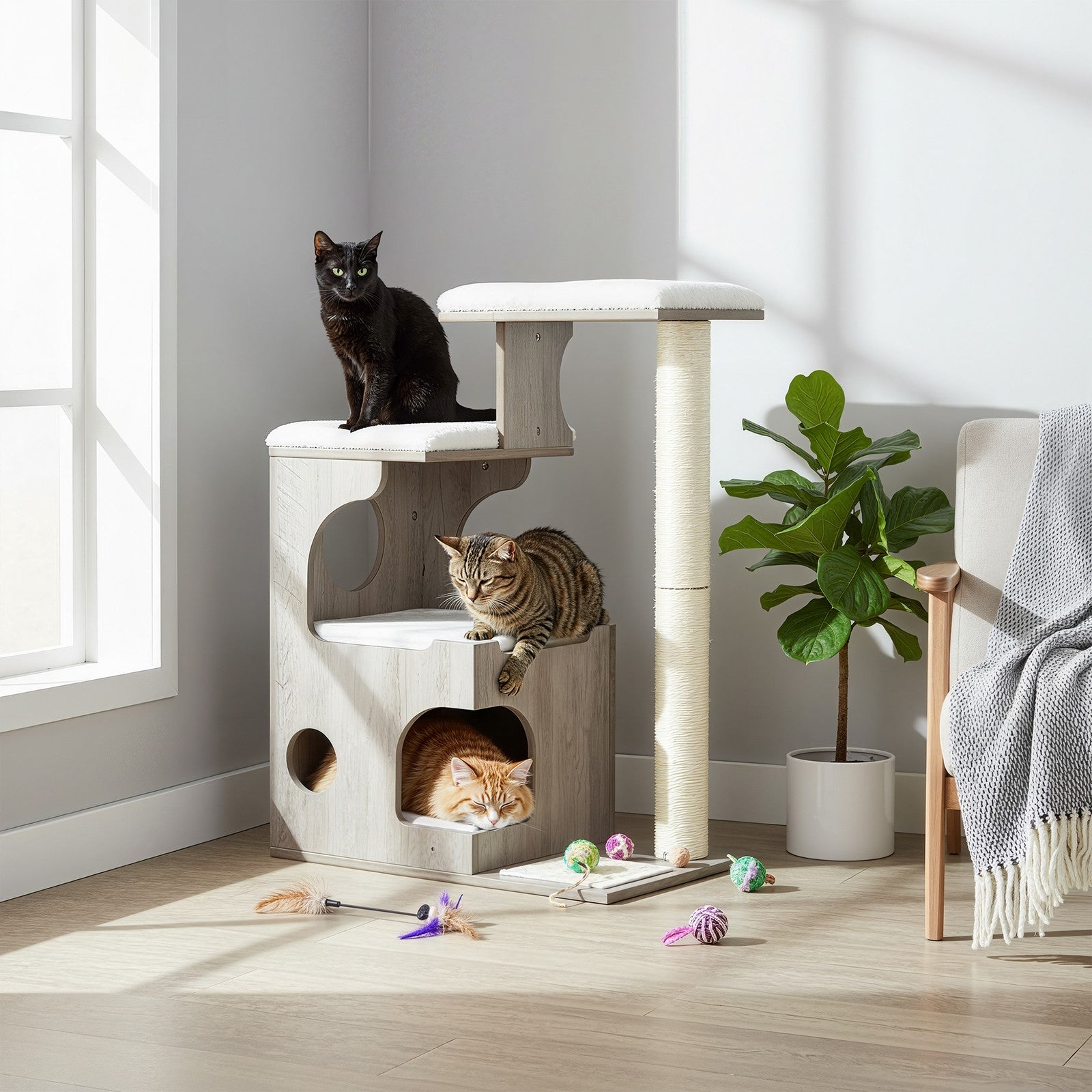 Cat Tree - MDF with Wood Veneer - Greige