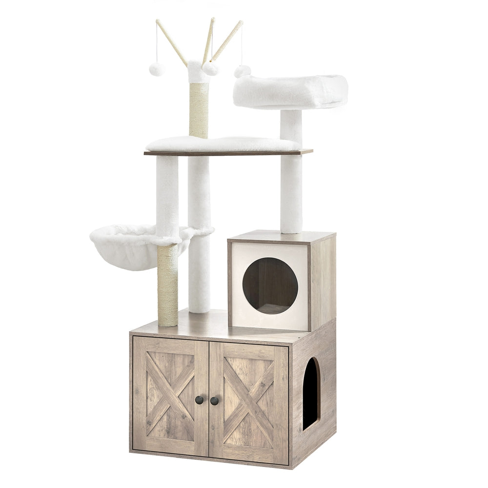 Cat Tree - Wood and Plush - Greige