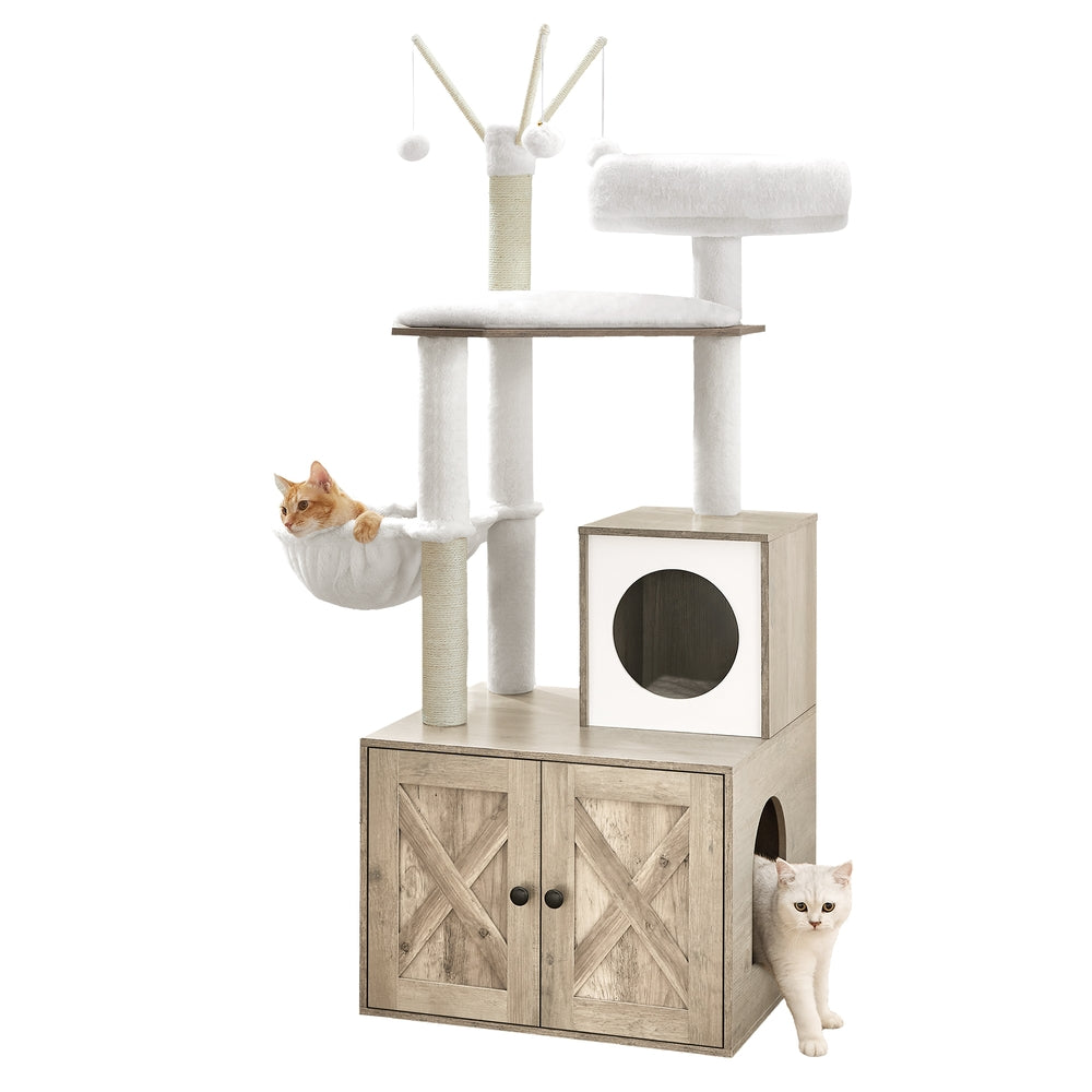 Cat Tree - Wood and Plush - Greige