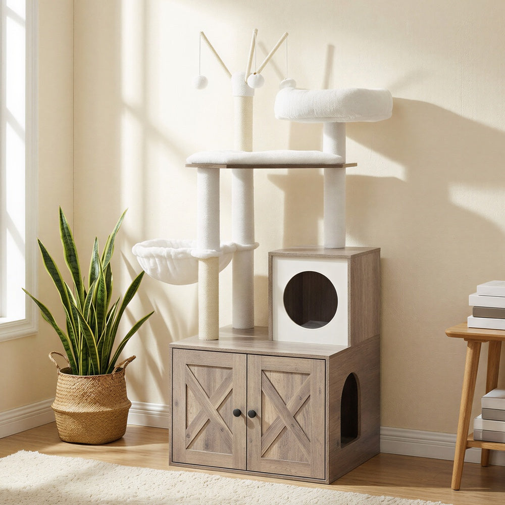 Cat Tree - Wood and Plush - Greige
