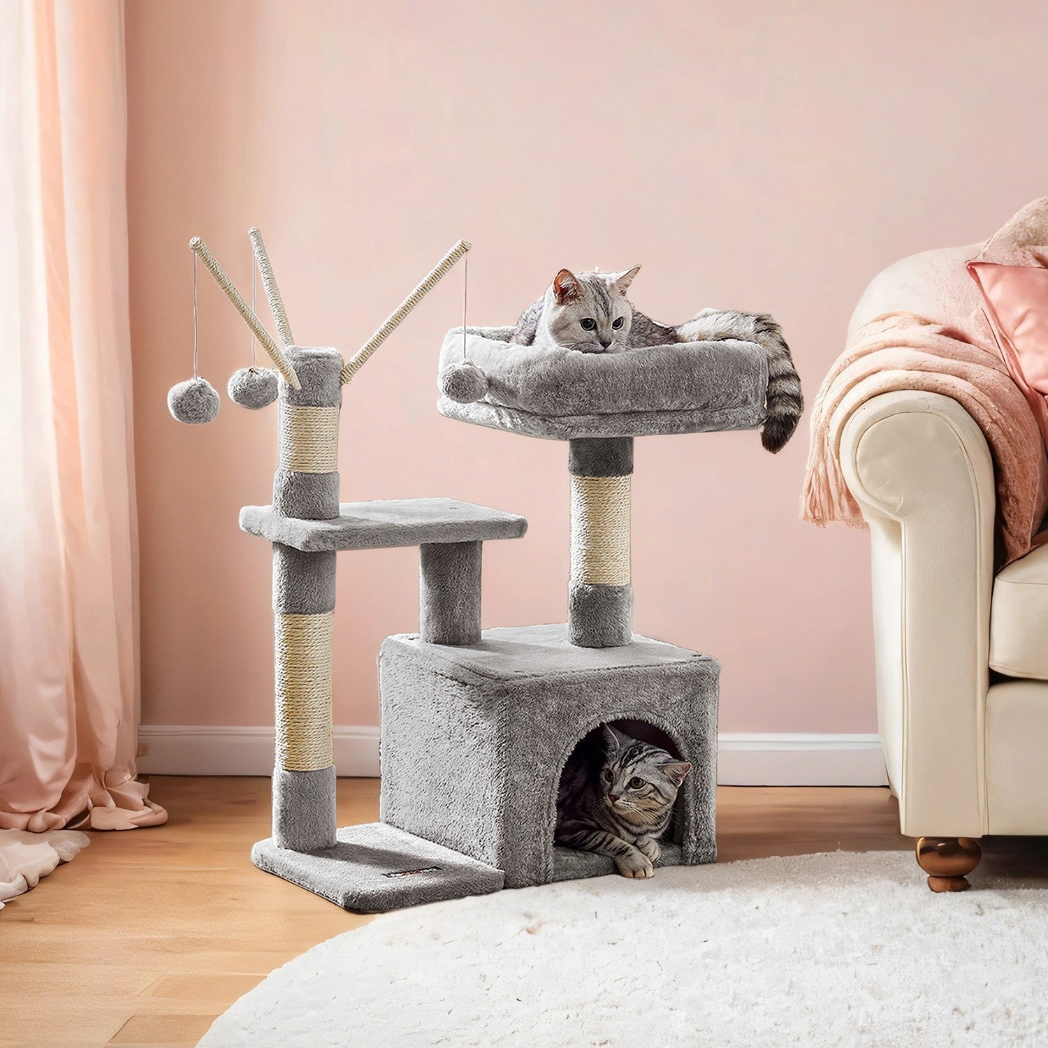 Cat Tree - Wood - Light Grey - 72 cm with Scratching Post and Three Pompoms