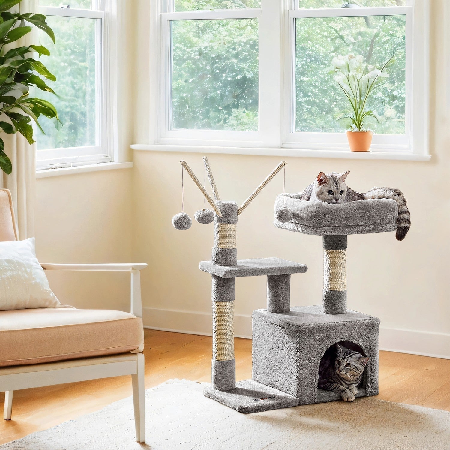 Cat Tree - Wood - Light Grey - 72 cm with Scratching Post and Three Pompoms